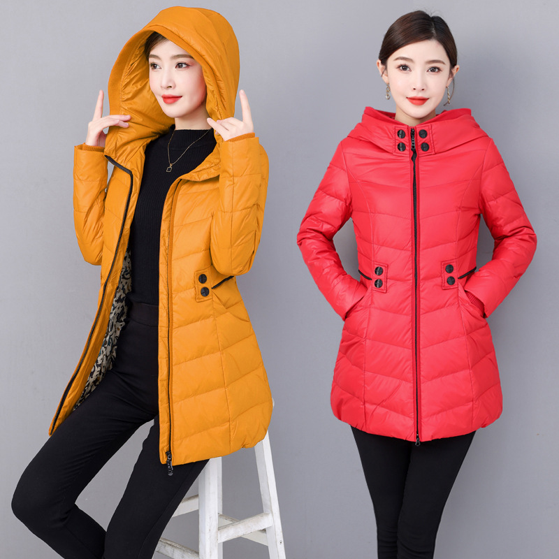 清仓特价时尚连帽中长款羽绒服女修身显瘦白鸭绒洋气保暖冬装外套