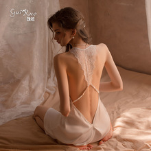 瑰若性感法式缎面堆堆领蕾丝露背薄款吊带睡裙女式家居服套装1571