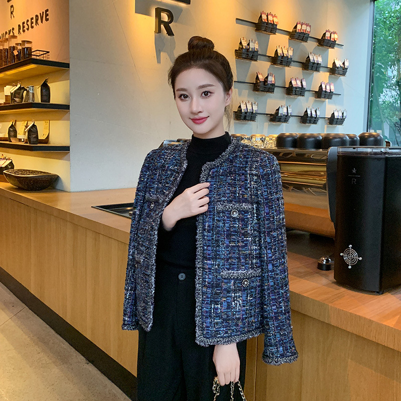 妖蓝高奢小香风编织外套女2023秋冬新款法式名媛气质圆领短款上衣