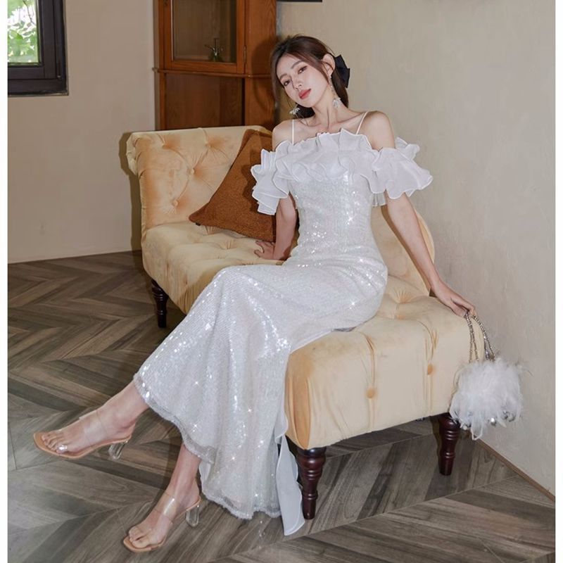 晚礼服吊带包臀裙细闪亮片一字肩连衣裙鱼尾裙立体荷叶边抹胸礼服