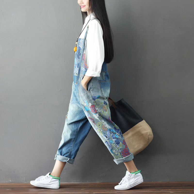 2023 Distressed Stitching Jeans Women's plus Size Printed Suspenders Big Crotch Suspender Pants Liu Lang Ji