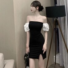 2022夏季新款chic韩版气质性感优雅黑色抹胸小开叉连衣裙一步裙女