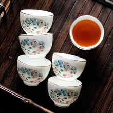 6个装茶杯羊脂玉瓷功夫茶盏会客陶瓷杯家用主人杯仿手绘单杯水任