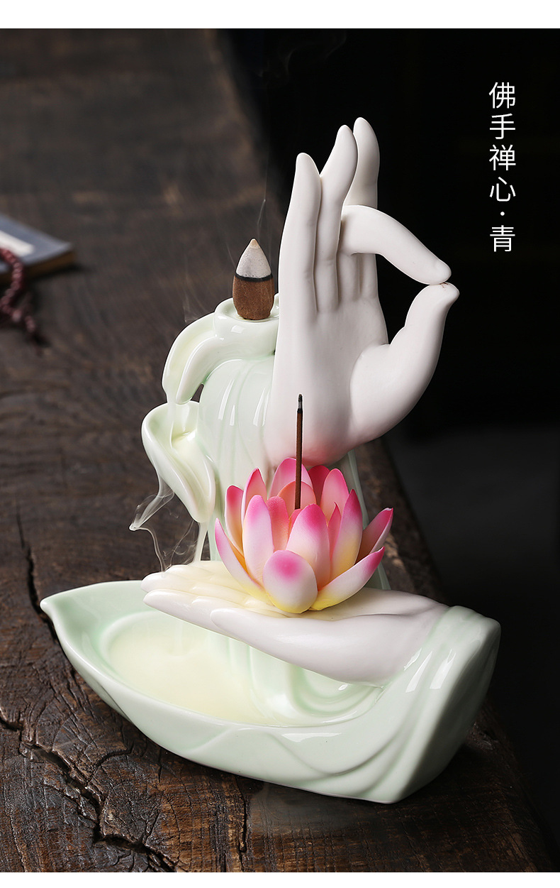 跨境陶瓷莲花佛手倒流檀香炉创意青瓷佛手香薰炉家居饰品摆件原创