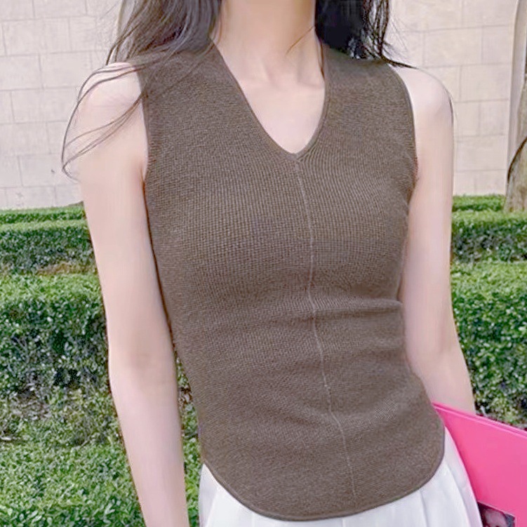 韩版v领冰丝针织小吊带背心女夏季外穿设计感小众甜辣无袖小上衣