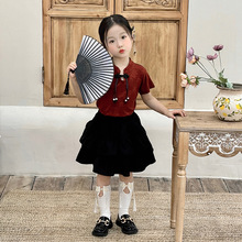 2024气质新中式女童套装盘扣两件套宝宝国风纯色儿童短袖夏季系列