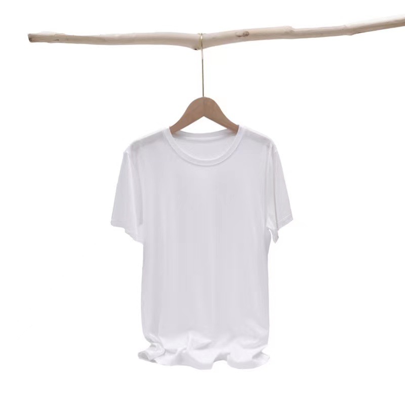 2023 New Mulberry Silk Mercerized Cotton Solid Color T-shirt Loose All-Matching round Neck Short Sleeve Women's White V-Collar Summer Slim Fit