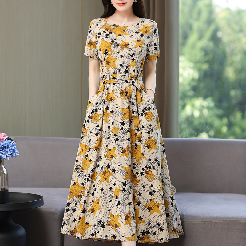 Middle-Aged Mom Summer Clothes Dress 2023 New 50-Year-Old Middle-Aged and Elderly Cotton and Linen Temperament Dress Women's Wide Lady Dress