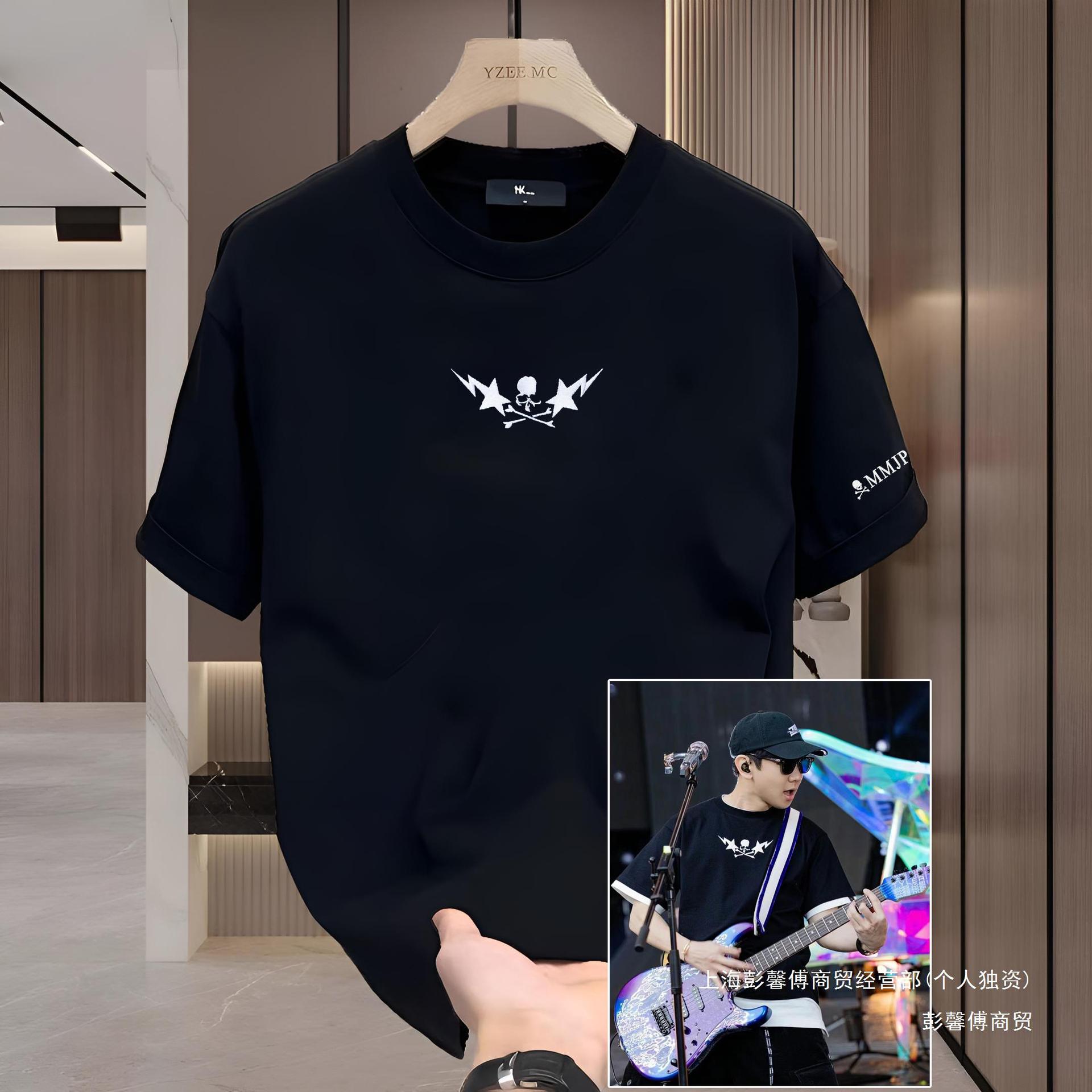 林梭杰同款mmj骷髅头联名闪电刺绣男女夏季短袖t恤圆领宽松半袖衫