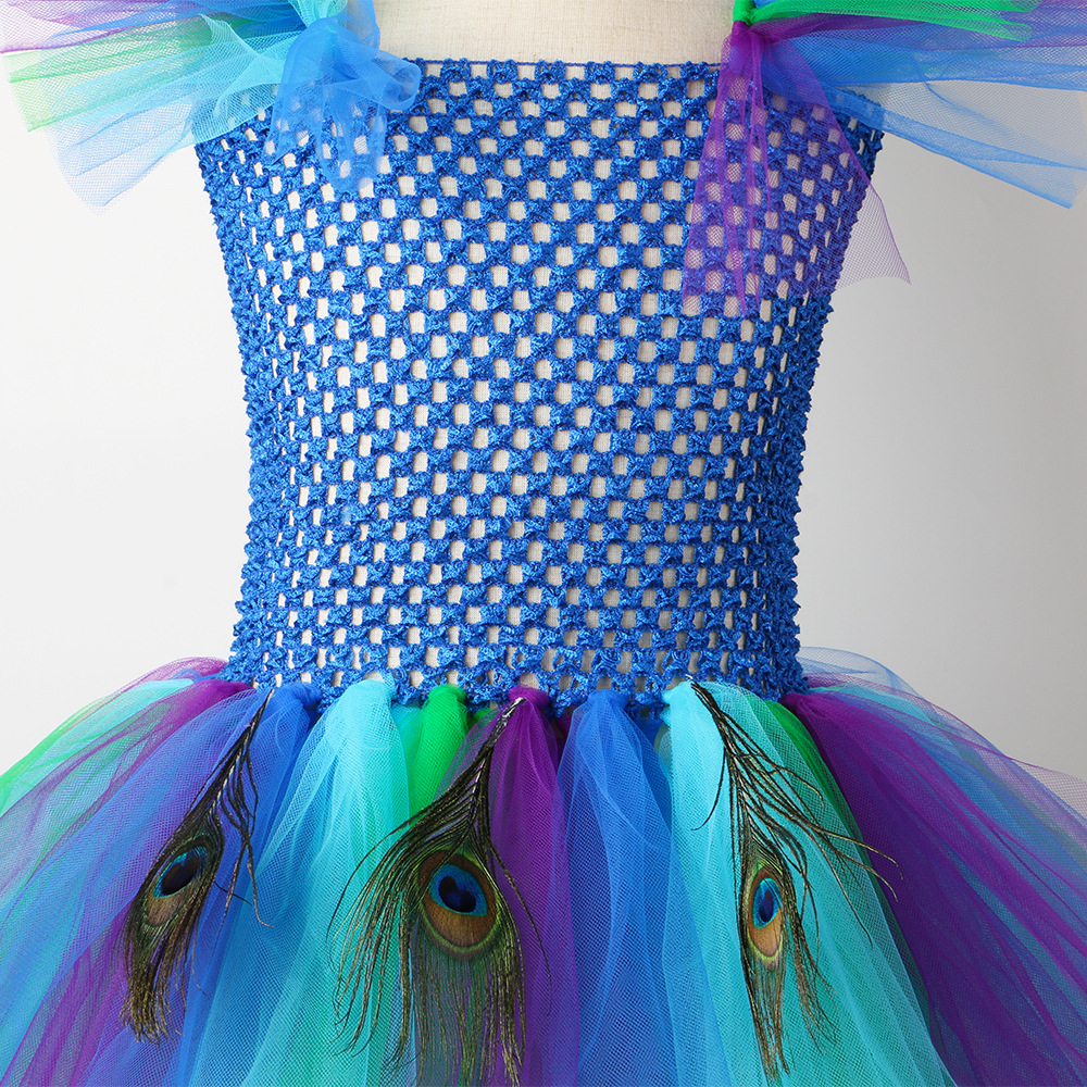 欧美新款孔雀公主裙含羽毛发带 女童裙子 外贸儿童网纱蓬蓬裙礼服