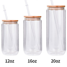 热升华双层玻璃杯 高硼硅储物密封罐 透明竹盖梅森罐 磨砂直筒杯