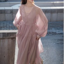灰紫超长连衣裙2024春夏新款气质名媛时尚设计长袖两件套字裙子驰