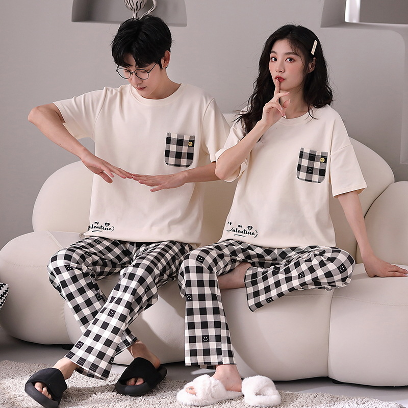 Couple Pajamas Women's Summer Waffle Short-Sleeved Trousers Korean Style Sweet Casual Men's and Women's plus Size Homewear Suit