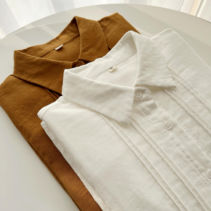 2023春装新品白色双层棉纱长袖衬衫女宽松文艺风琴褶纯棉女士衬衣