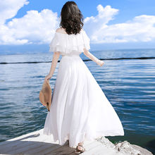 白色露肩雪纺连衣裙夏季新款女韩版一字领高腰显瘦度假沙滩裙子仙