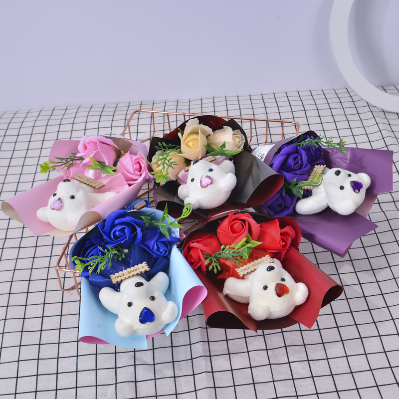 Valentine's Day Gift 3 Soap Flower Artificial Rose Little Bear Cartoon Doll Bouquet Gift Box Qixi Confession Girlfriend