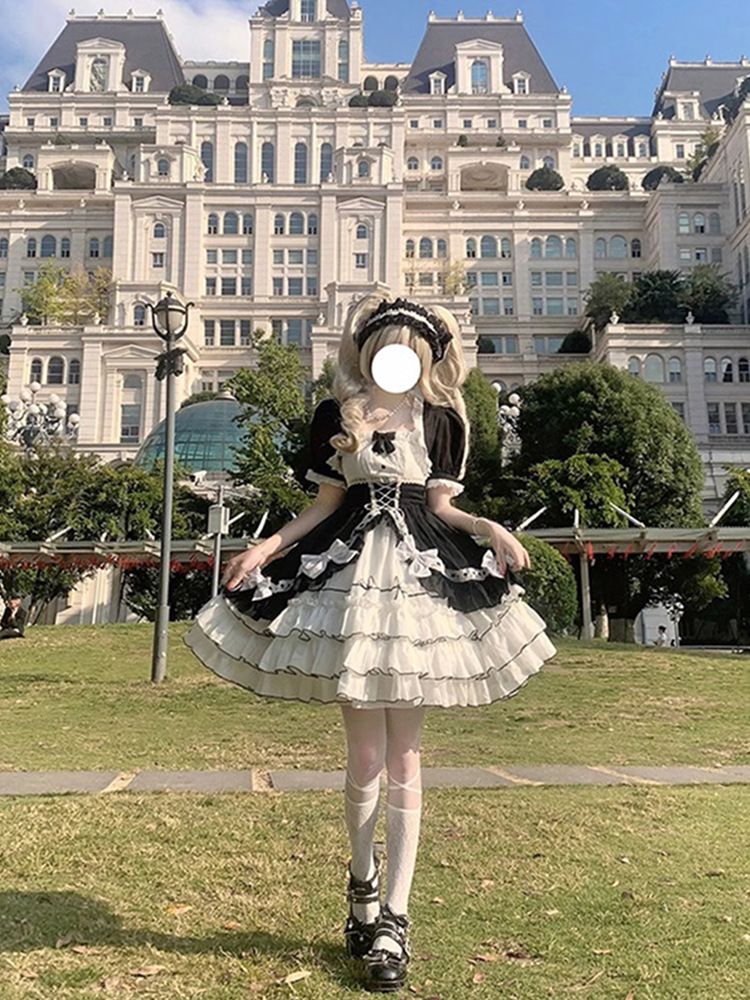 黑白lolita狗短坎肩jsk连衣裙套装女洛丽塔洋装在逃公主裙-阿里巴巴