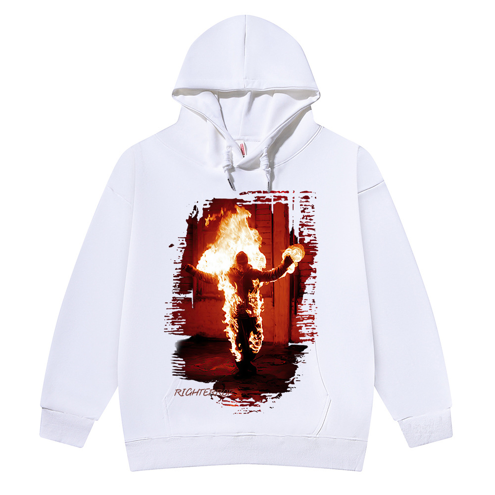 德国战车金属乐队复古火焰数码直喷印花高街宽松重磅休闲连帽卫衣