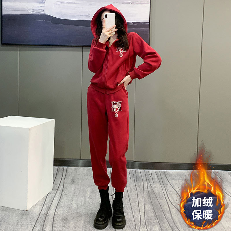 加绒加厚休闲运动套装女春季2024新款韩版百搭烫钻连帽卫衣两件套