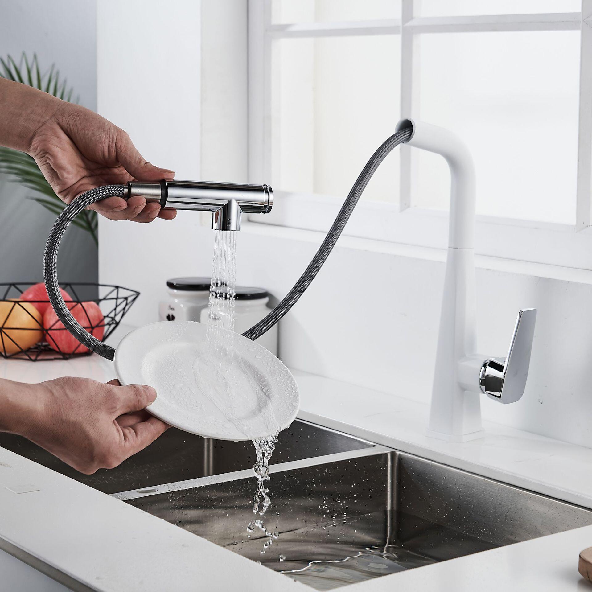 厂家全铜白色抽拉式厨房水龙头冷热水洗菜盆水槽洗碗池面盆水龙头