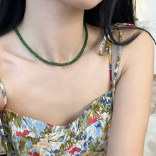 典润珠宝显白绿色项链玉髓串珠项链碧玉色新中式项链元宝扣锁骨链