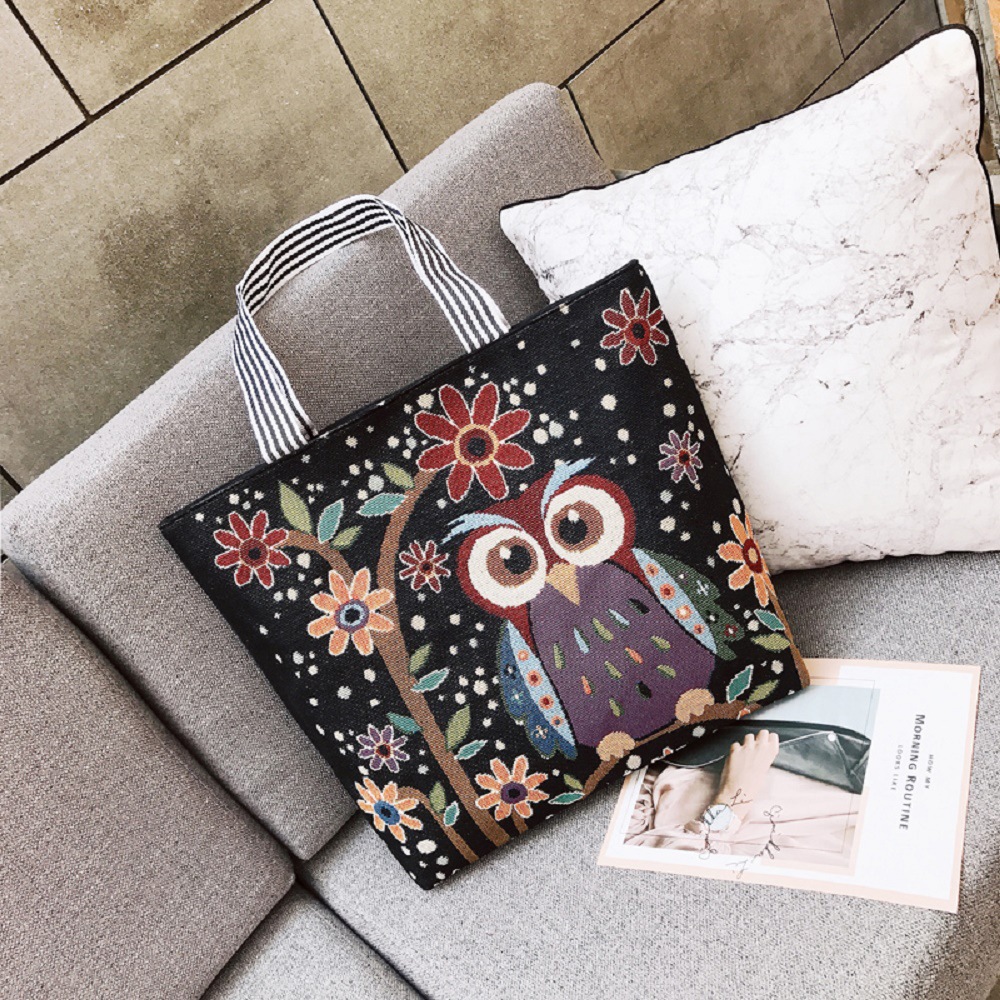 New Style Linen Jacquard Large Bag Women's Casual All-Match Shoulder Bag out Shopping Bag Owl Tote Bag