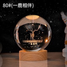 创意发光水晶小夜灯内雕玻璃球一鹿相伴太阳系木质桌面摆件星空球