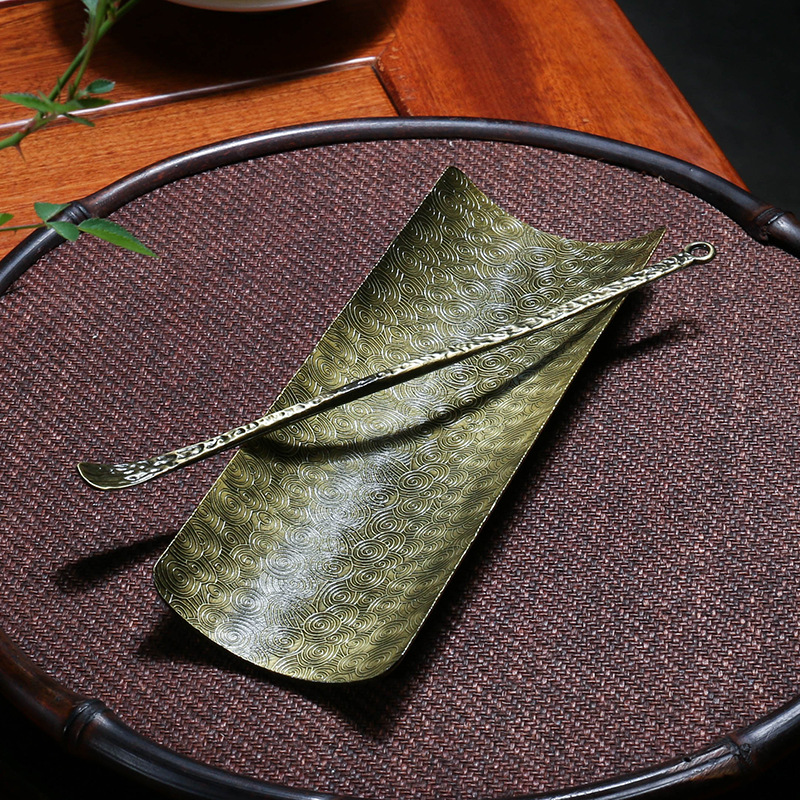 不锈钢茶则手工锤纹赏茶荷茶具配件仿古茶匙茶拨两件套复古茶勺