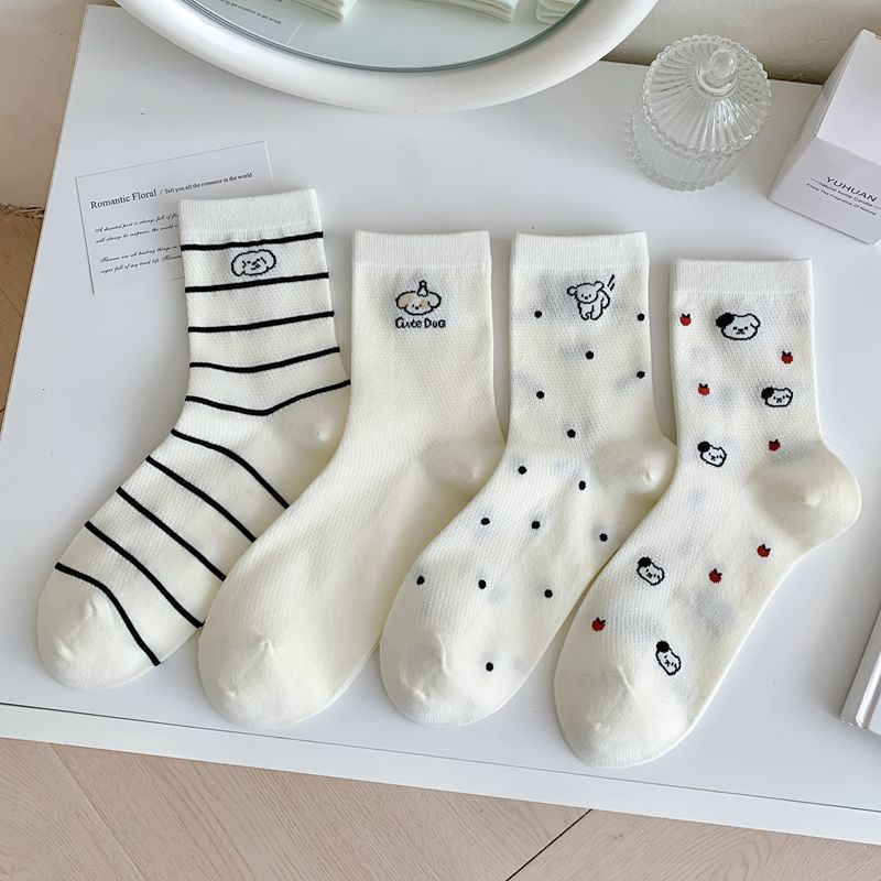 白色袜子女韩版中筒ins潮jk少女日系可爱小狗卡通学生袜棉袜-阿里巴巴