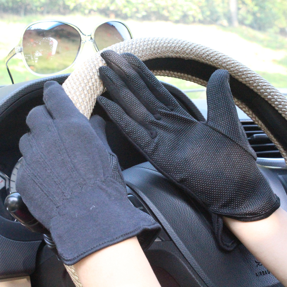新款男女防滑开车全棉手套透气短薄三筋黑白教练司机手套