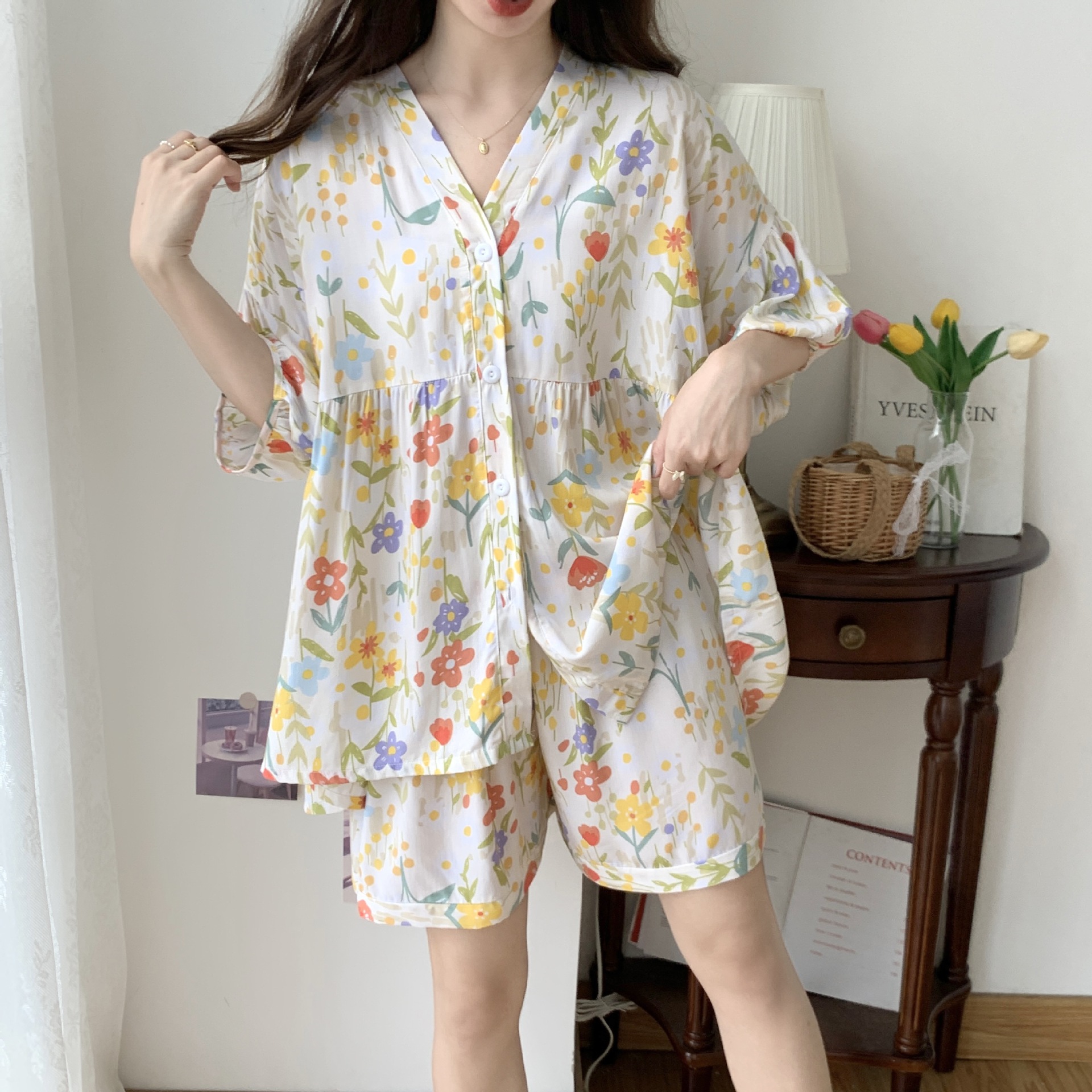 pajamas suit women‘s 2024 spring summer cotton silk korean style trendy loose cotton silk half sleeve trousers home wear wholesale