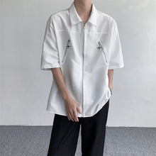 夏季小众设计感开衫拉链衬衫男款美式感潮流休闲短袖白色衬衣