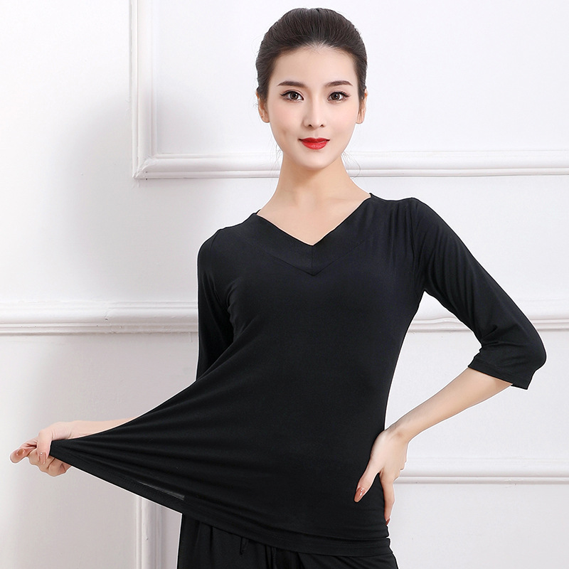 广场舞服装女春秋装t恤v领新款莫代尔舞蹈上衣长袖中老年跳舞衣服