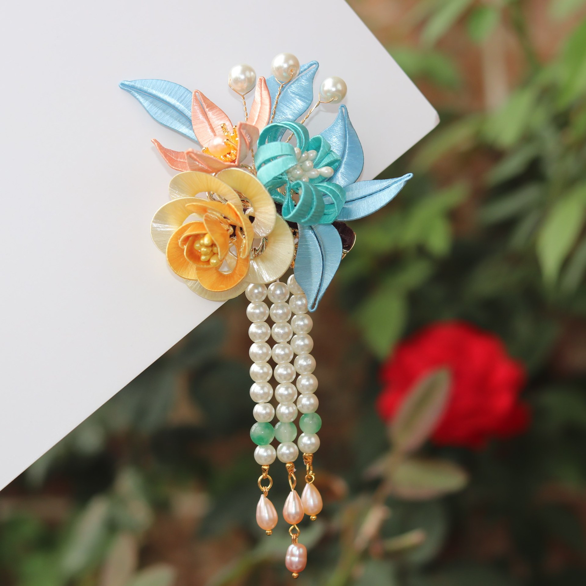 缠花发簪日常头饰富贵簪花多色汉服配饰珍珠流苏步摇发夹旗袍发饰-阿