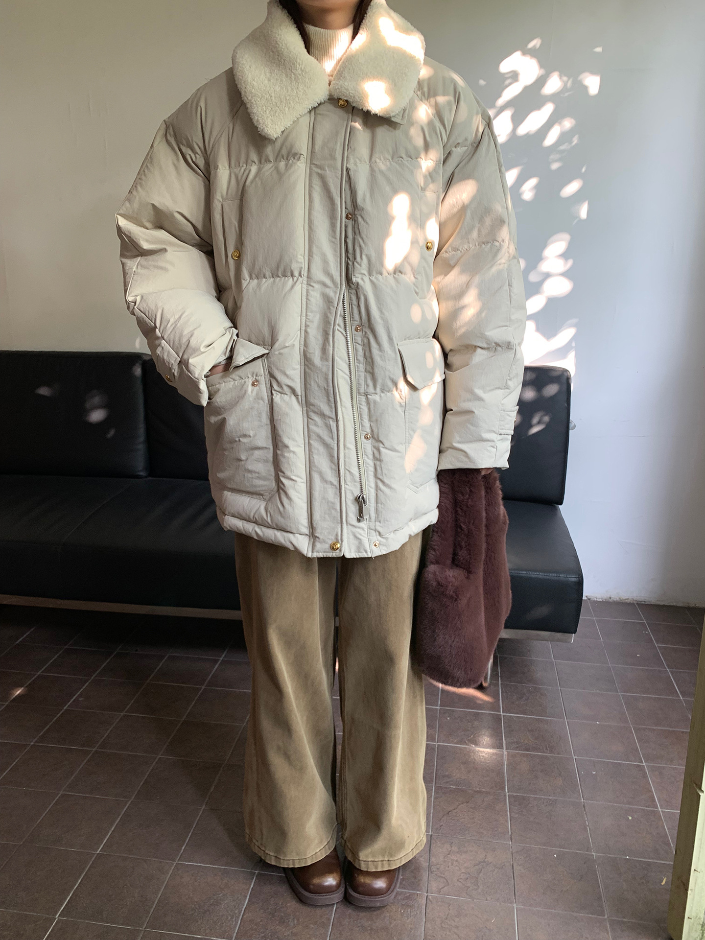 Yunsen Online Korean Style 90 White Duck down Double Pocket down Jacket Women's Winter Coat Fur Collar Detachable 90795