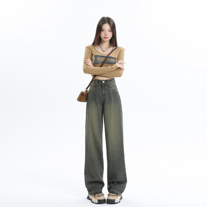 2024 Spring New Featured Wheat Starry Sky Pattern Fabric Wide Leg Jeans Women's Slimming Drooping Straight Mop Pants