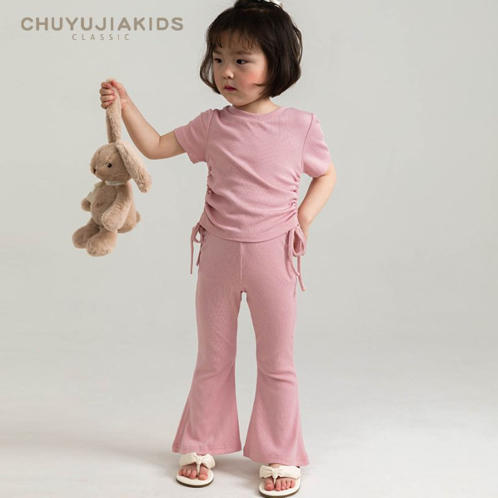 Korean Style Girls' Short-Sleeved Suit Summer Clothes 2023 New Baby Bell-Bottom Pants Super Thin Casual Two-Piece Suit Fashion Baby Clothes