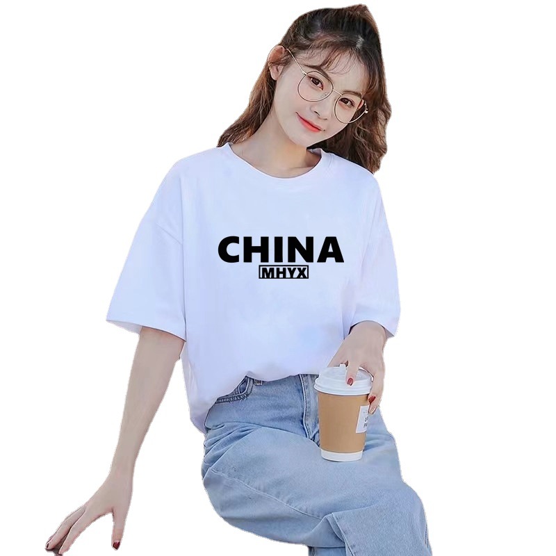 2023 Summer New White Pure Cotton Short-Sleeved T-shirt Women's Korean-Style Loose round Neck Women's Top Half Sleeve Shirt Wholesale