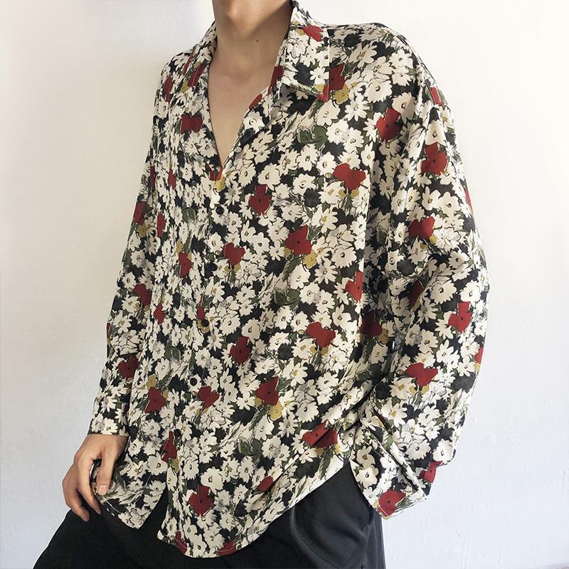 港风复古碎花衬衫男权志龙同款小雏菊垂坠感慵懒风长袖衬衣外套装