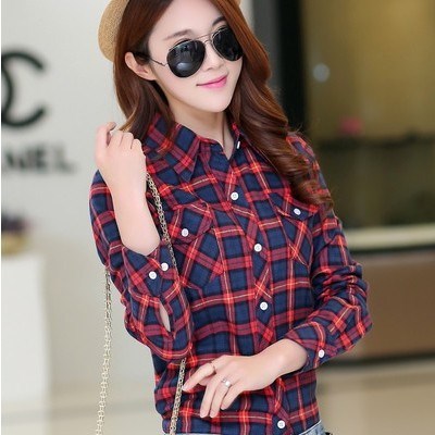 磨毛格子衬衫女春秋款修身中长款衬衣时尚百搭休闲花格打底衫批