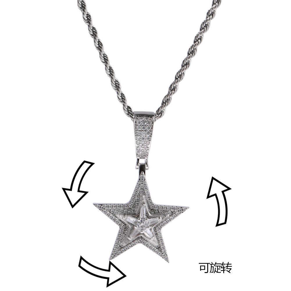 New European and American Style Hip Hop Diamond Rotating Five-Pointed Star Pendant Necklace Amazon Hot Product Street Trend Ornament