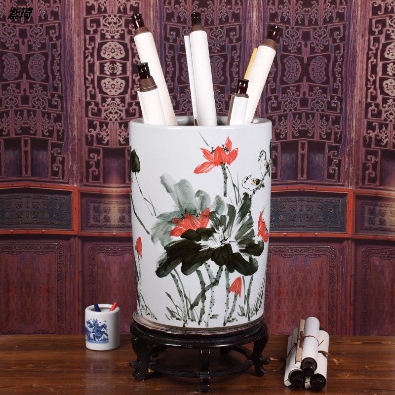 景德镇陶瓷手绘书画桶卷轴缸字画收纳筒客厅书房落地箭筒收藏摆件