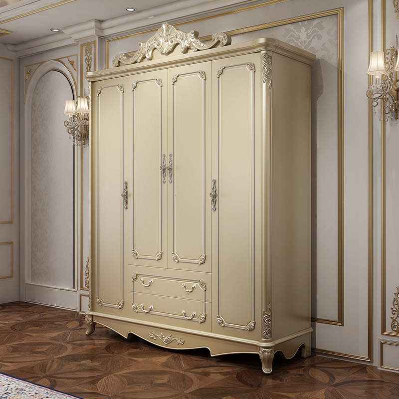 香槟色衣柜欧式一个1.8米四门雕花卧室衣橱法式大带抽黑檀色