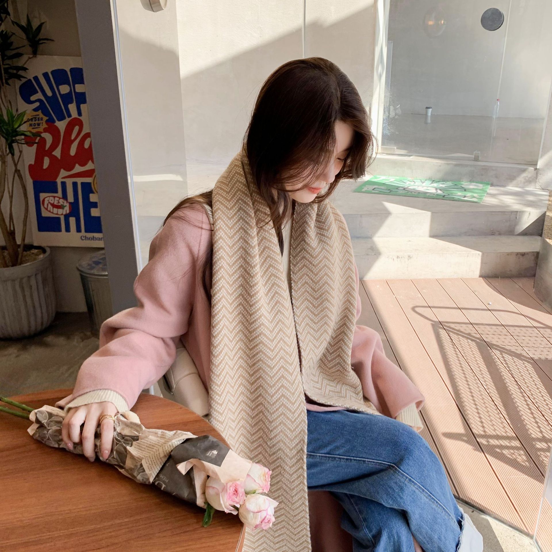 2021 Korean Style All-Match Knitted Wool Wave Pattern Male and Female Matching Style Scarf Autumn and Winter Long Thick Scarf