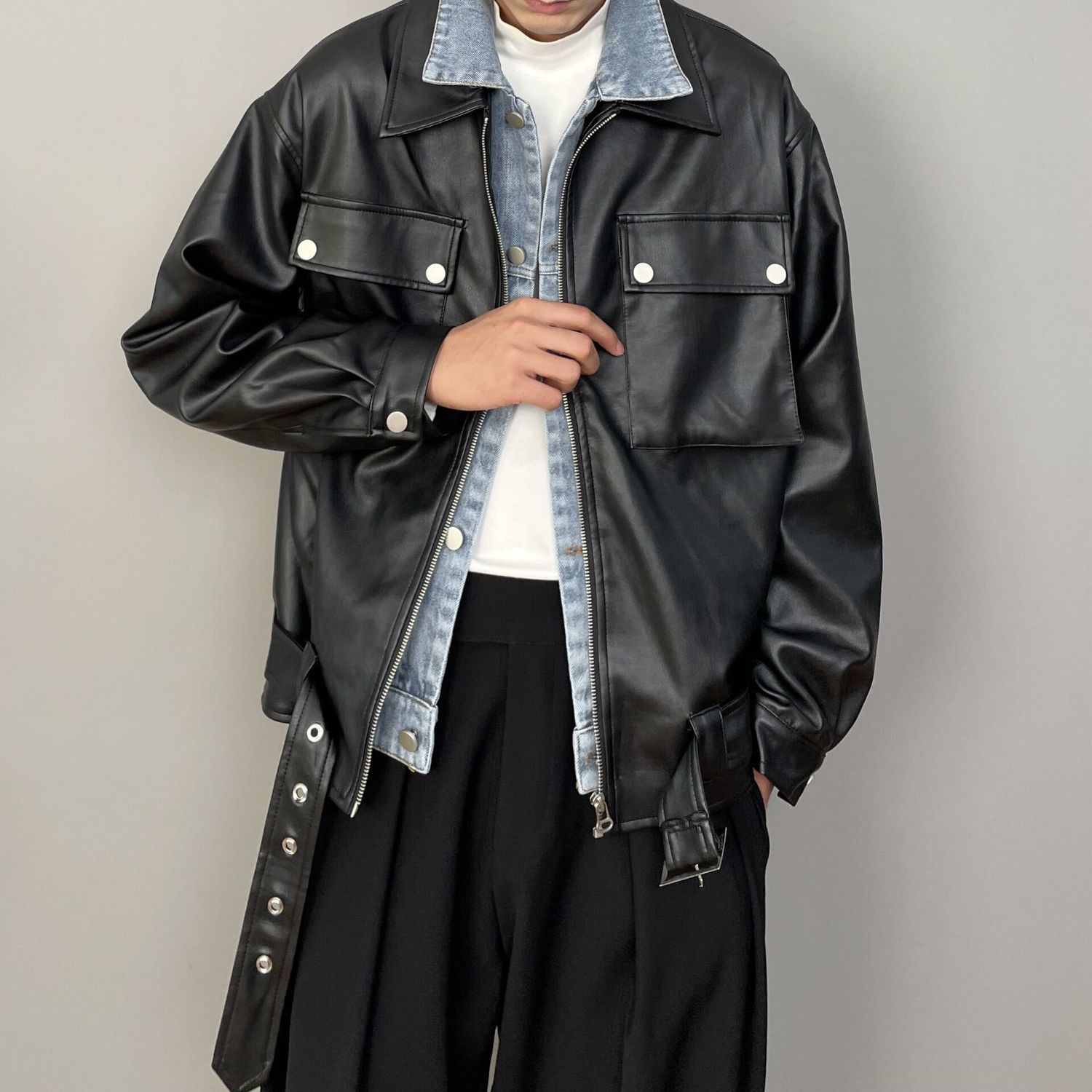 机车皮衣男士春季秋冬新款假两件牛仔拼接帅气韩版皮夹克外套男潮