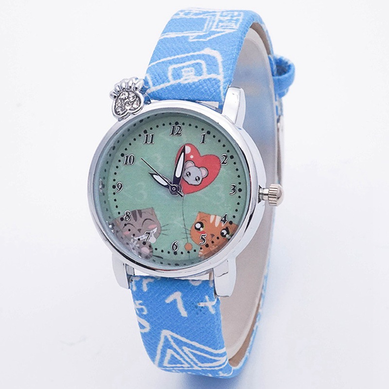 卡通动物可爱猫咪爱心印花皮带镶钻银壳绿面学生小孩石英儿童手表