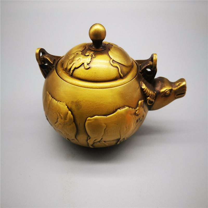 古玩收藏黄铜茶壶酒壶铜器摆件老铜包浆黄铜生肖牛茶壶摆件装饰品