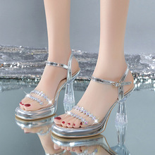 2024夏季新款欧美时尚性感透明水钻防水台一字扣带高跟凉鞋女跨境
