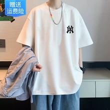 NY夏季棉t恤男士宽松高级感情侣男女装潮流五分短袖ins汗衫衣服