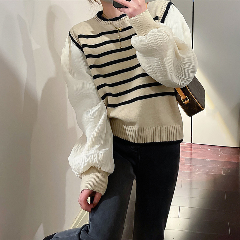 韩系泡泡袖针织衫女2023春秋新款黑白条纹拼接假两件毛衣打底衫